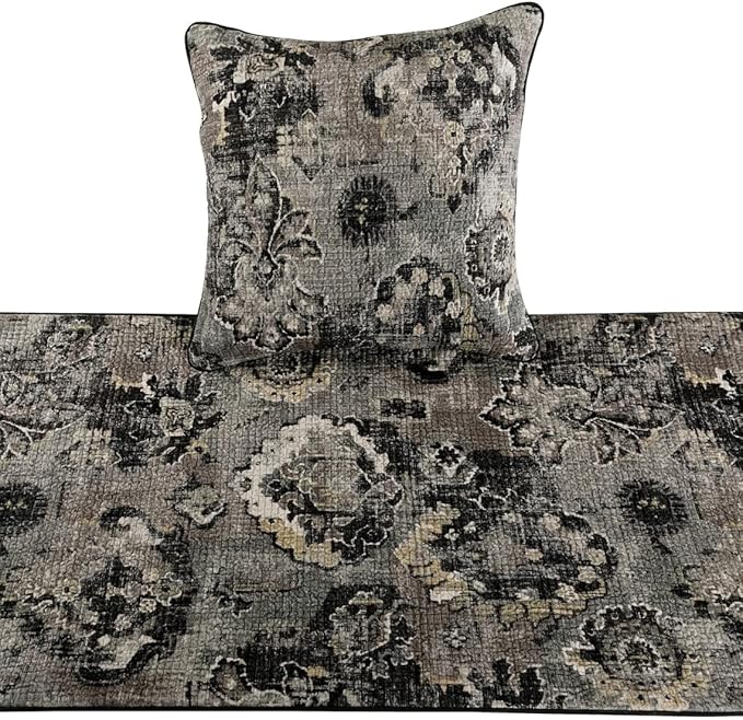 The HomeCentric Decorative Black & Grey Queen 74 x 18 inch Bed Runner Without Pillow Cover, Velvet Damask with Tassels Bed Scarf, Abstract Modern - Paved Damask