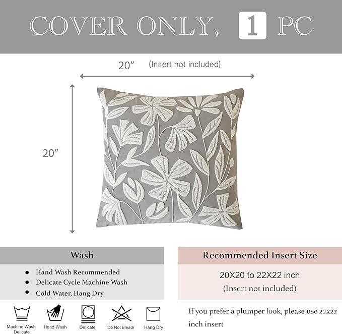 BlissBlush Grey Velvet Floral Decorative Throw Pillow Cover 20X20, Light Gray Floral Tufted Soft Farmhouse Textured Pillowcase, Accent Pillowcase for Couch Sofa Bed Living Room