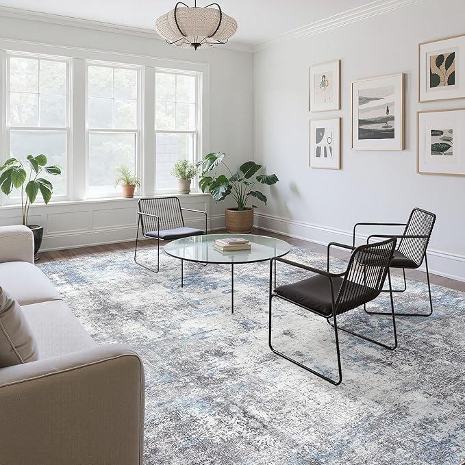 Washable 6X9 Area Rug: Modern Abstract Soft Non-Slip Indoor Rugs Home Decor - Low Pile Stain Resistant Carpet for Living Room Bedroom Dining Room Playroom Office(Blue Grey 6'x9')