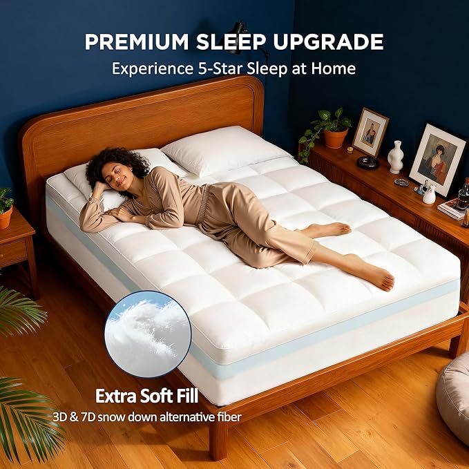 Queen Size Dual Layer 4 Inch Memory Foam Mattress Topper, 2 Inch Cooling Gel Memory Foam and 2 Inch Washable Soft Pillow Top Mattress Pad Cover, 8-24 Inch Deep Pocket, Medium Firm Support