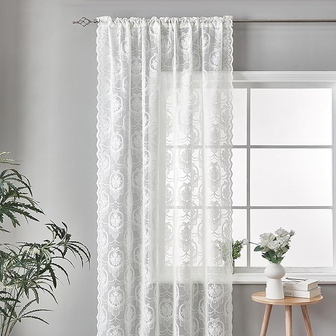 Bright White Vintage Country Floral Lace Sheer Curtains 63 Inches Long -Rod Pocket Light Filtering French Privacy Scalloped Edges Rod Pocket Boho Bedroom ，52 x 63 Inch, 2 Panels
