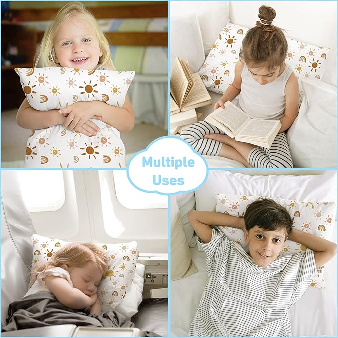 Babebay 2-Pack Toddler Pillow,13X18 Cotton Toddler Pillows for Sleeping, Machine Washable Kids Pillows with Pillowcase, Perfect for Travel, Toddlers Cot (Sunny Rainbow)