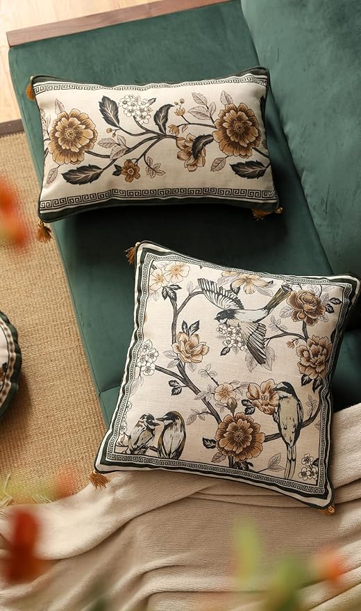 ISAENNE Design Linen Chinoiserie Rectangle Throw Pillow Covers 12"x20", Farmhouse Cushion Covers with Yellow Floral Birds Pattern Decoration Pillowcases for Bed,Living Room,Outdoor,Car