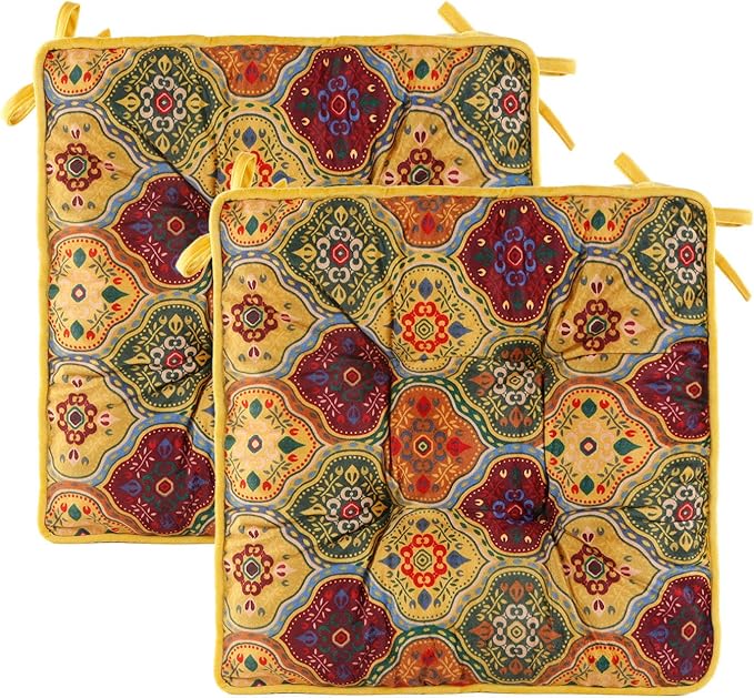 Bohemian Square Seat Cushions for Kitchen Dining Living Tea Room,16.5" x 16.5" Printing Velvet Chair Pads with Non-Slip Ties, 2Packs, Blue