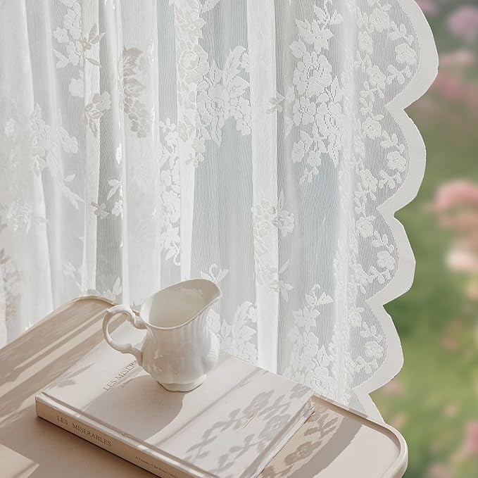 Anmao Vintage Lace Curtains 120 Inches Long 2 Panels, Romantic Elegant Light Filtering Semi Sheer Floral Thick Lacy Curtain Drapes for Living Room and Bedroom, Each Panel 55W x 120L, White Rose