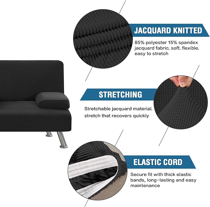 H.VERSAILTEX 4 Pieces Stretch Futon Covers Sofa Bed Slipcover with Removable Armrests and Cupholders Covers Furniture Protector High Spandex Small Checks Jacquard Fabric, Black