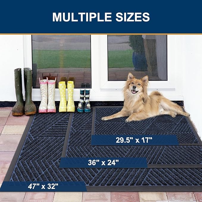 Smiry Front Door Mat Outside Entrance, Heavy Duty Sturdy Natural Rubber Doormat, Trap Dirt and Moisture, Easy Clean Low Profile Mats for Indoor Outdoor Entry, Irregular Triangle (47x24, Navy Blue)