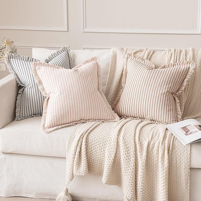 MIULEE Pack of 2 Pink Pillow Covers 20x20 Inch Striped Farmhouse Couch Spring Throw Pillow Covers with Fringe Chic Cotton Decorative Cushion Covers for Sofa Living Room Bed Outdoor Home Decor