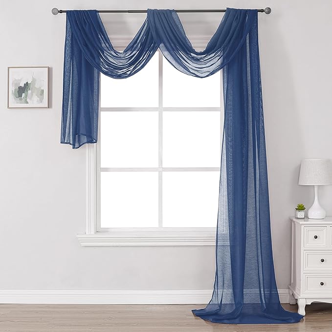 DONREN Dark Blue Window Scarf for Home Decor -Luxury Look Sheer Scarf 34 inches Wide by 144 inches Long,Navy Blue