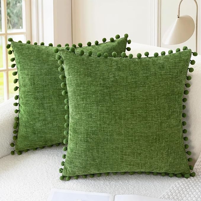 CaliTime Throw Pillow Covers Decorative 20 X 20 Inches Pack of 2 Cozy Solid Dyed Soft Chenille Cushion Cases with Pom Poms for Couch Sofa Bed Living Room Home Forest Green