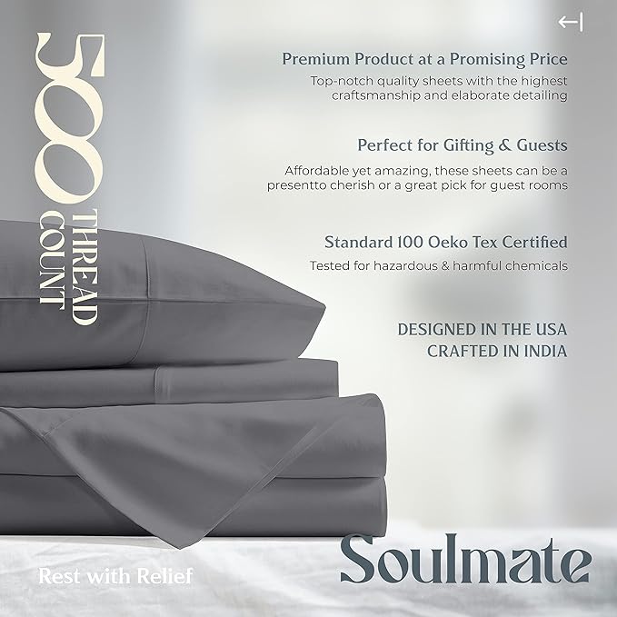 Mayfair Linen 100% Cotton Split King Sheets Sets for Adjustable Bed - 500 Thread Count Sleep Number Sheets Split Top King Size, 5 PC Set (Dark Grey), Soft, Cooling, 16" Deep Pocket Sateen Bedsheet