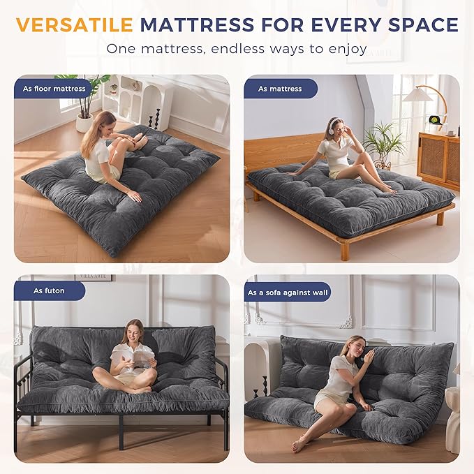 MAXYOYO Japanese Floor Mattress Queen Size, 6" Foldable Futon Mattress Tufted Roll Up Floor Bed, Thick Chenille Tatami Mat Sleeping Pad for Camping Guest Room Dormitory Bedroom RV, Dark Grey