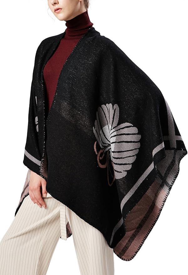 Women's Vintage Pattern Open Front Poncho Cape Shawl Winter Shawl Wraps