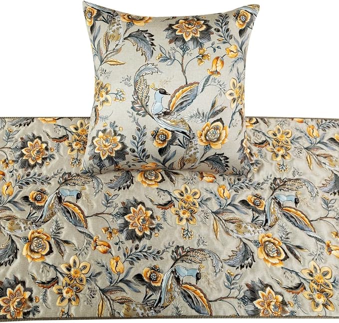The HomeCentric King/Queen/Twin Grey & Yellow Decorative Twin 53"x18" Bed Runner Without Pillow Cover, Peacock, Quilted & Tassels Bed Scarf on Satin Fabric - Peacock Swag