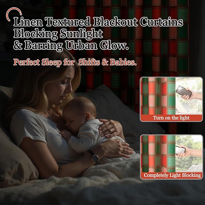 Christmas Curtains for Living Room 84 Inches Long - Plaid Patterned Linen Blackout Curtains, Gingham Printed Drapes for Bedroom Winter Decor Thermal Insulated 52x84 Inch 2 Panels, Red Green