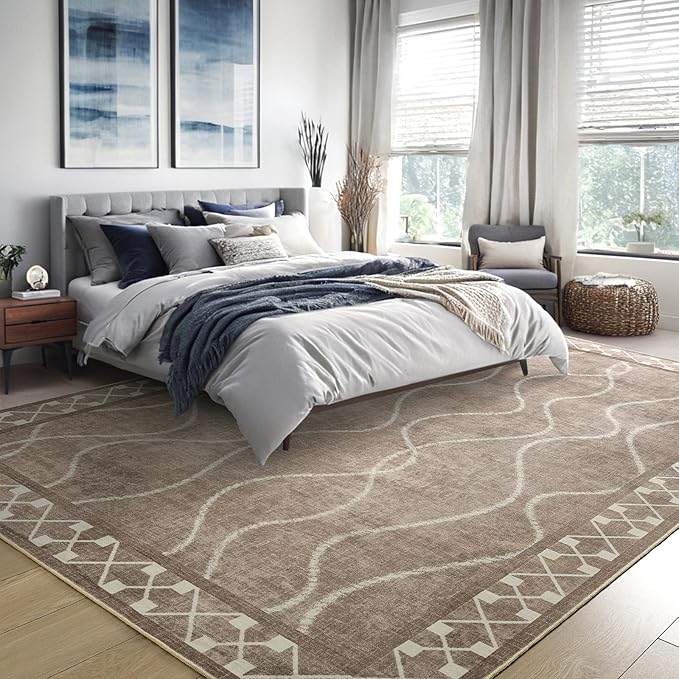 Area Rugs 6x9 Washable Rug, Non-Slip Rugs for Living Room, Low Pile Bordered Rugs Alfombras, Large Print Rubber Backing Indoor Carpet for Home Decor Bedroom Nursery Dining Room, Brown