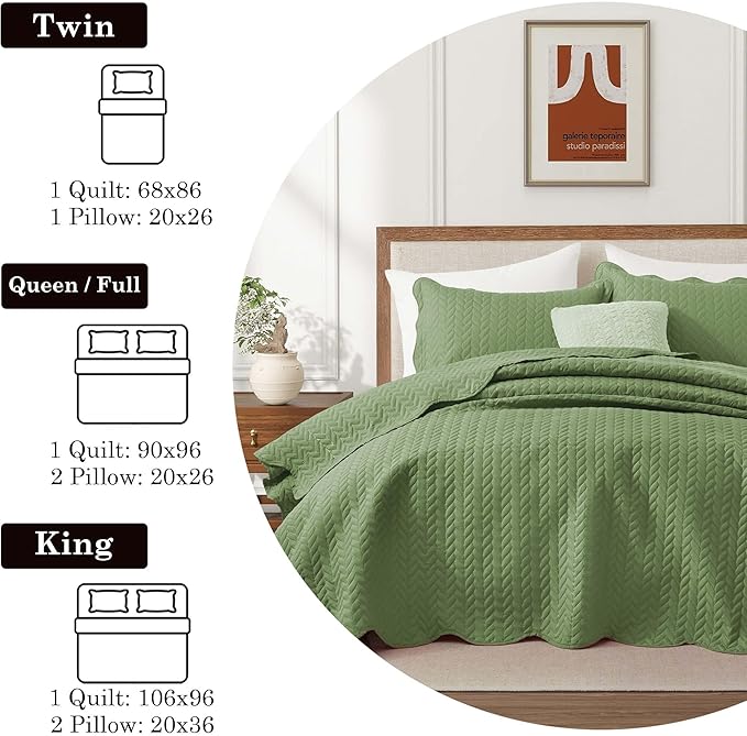IR Imperial Rooms King Quilt Bedding Set Size (106" x 96") + 2 Pillow Shams (20" x 36"+ 2") - 3 Pcs All Season Lightweight Reversible Microfiber Coverlet Embossed Quilt Bedspread (Olive Green)