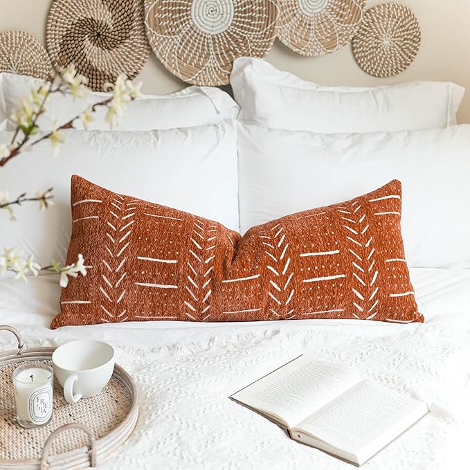 BlissBlush Fall Brick Red Boho Lumbar Throw Pillow Cover 14X36, Decorative Long Accent Body Lumbar Pillow for Bed, Farmhouse Woven Soft Chenille Textured Lumbar Pillowcase for Couch (Cover ONLY)