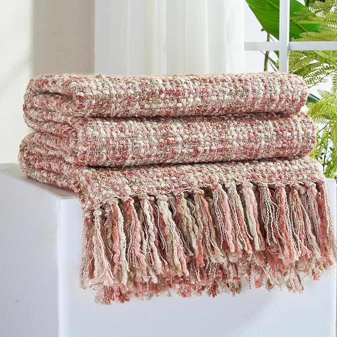 Multi-Color Light Pink Cable Knitted Throw Blanket for Couch,60"X80" Boho Style Textured Blankets for Home Decor,Super Soft Warm Cozy Chunky Knit Blanket with Decorative Tassels for Bed