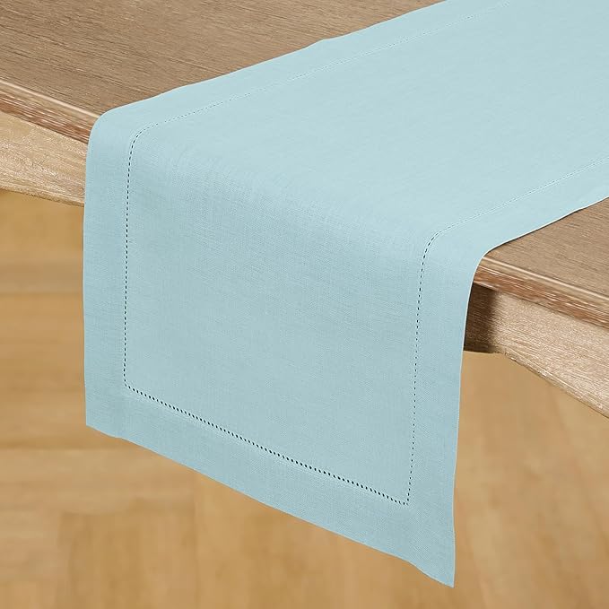 Solino Home Linen Aqua Blue Table Runner 72 Inches Long - 100% Pure Linen Hemstitch Table Runner 14 x 72 Inch for Dresser, Dining, New Year - Classic Hemstitch