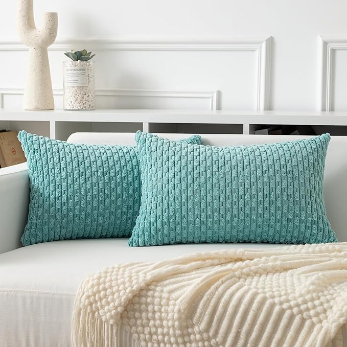 Kevin Textile 12x20 Inch Pillow Cover 1 Pack Boho Decorative Soft Striped Corduroy Lumbar Farmhouse Color Accent Rectangle Cushion Case for Living Room Couch Sofa Bed, Aqua Green