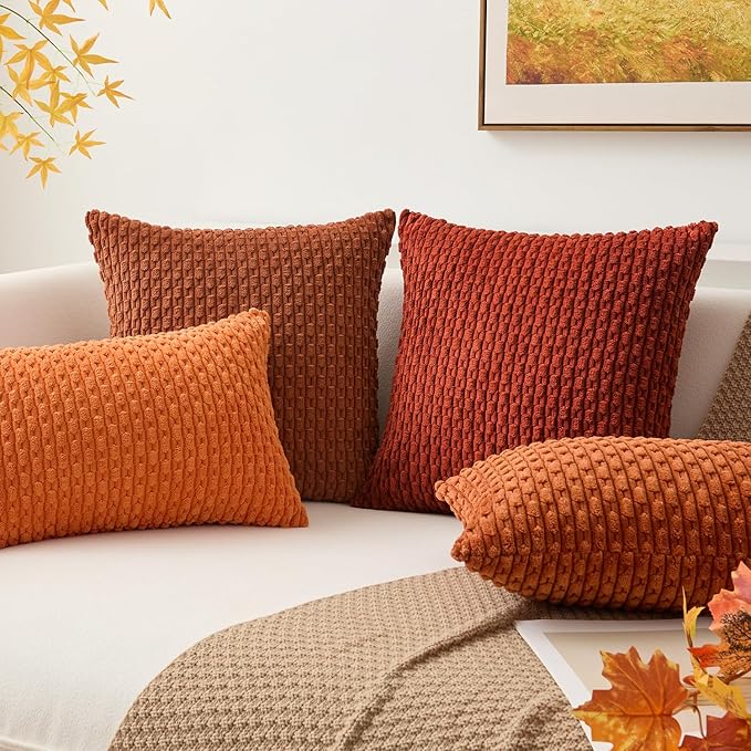 Kevin Textile Fall 12x24 Inch Pillow Cover 1 Pack Boho Decorative Soft Striped Corduroy Lumbar Farmhouse Solid Color Accent Rectangle Cushion Case for Living Room Couch Sofa Bed, Burnt Brick