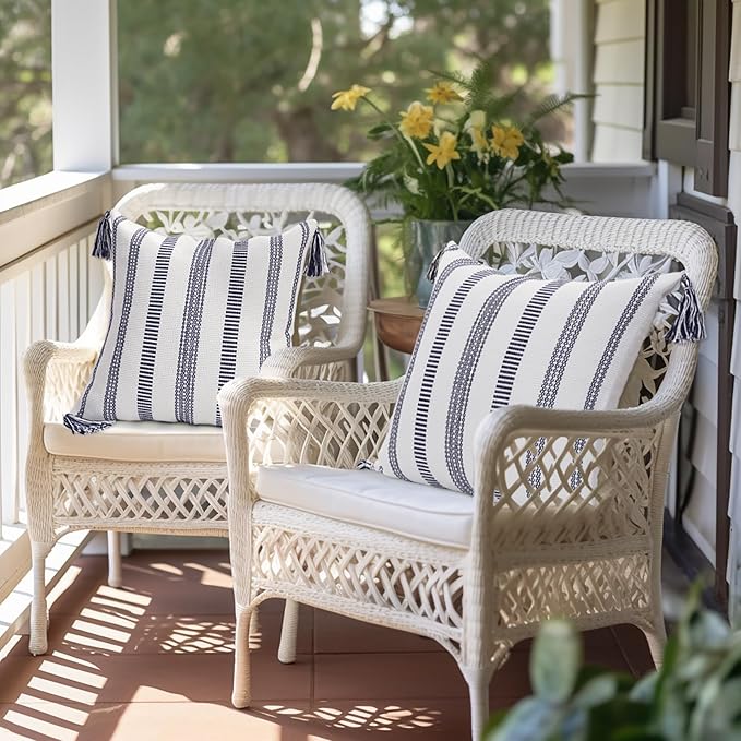 Smile Bee Boho Outdoor Couch Throw Pillow Covers Set of 2 Decorative Thick Woven Striped Accent Neutral Pillow Covers with Tassels for Bed Sofa Home Decor 20x20 Inch, Navy Blue and Cream White
