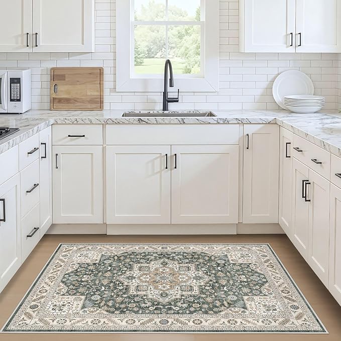 Vintage Living Room Area Rug 3x5 - Large Soft Washable Oriental Traditional Distressed Farmhouse Rugs for Bedroom - Indoor Floor Accent Carpet for Home Office House Decor - Vintage Green