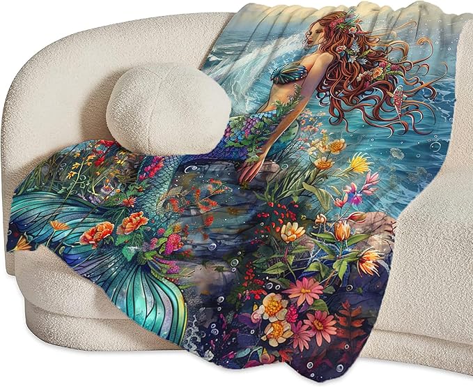 Mermaid Throw Blanket - Soft, Warm & Cozy Fleece for Couch, Sofa, Bed - 50"x40" - Ocean Theme
