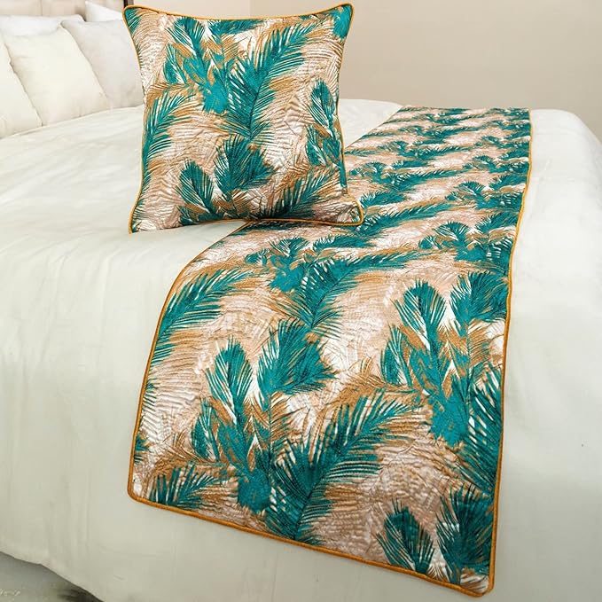 The HomeCentric King/Queen/Twin Green Decorative King 90"x18" Bed Runner with 2 Pillow Cover, Plam Leaves & Quilted Bed Scarf on Satin Fabric - Palms