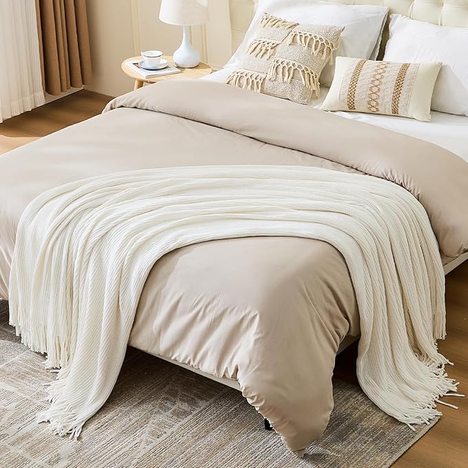 inhand Throw Blanket for Couch Bed,Chunky Chenille Woven Soft Blankets with Tassels,Cozy Boho Farmhouse Fall Winter Decor,Warm for Women,50"x60",Medium Thick-Off White