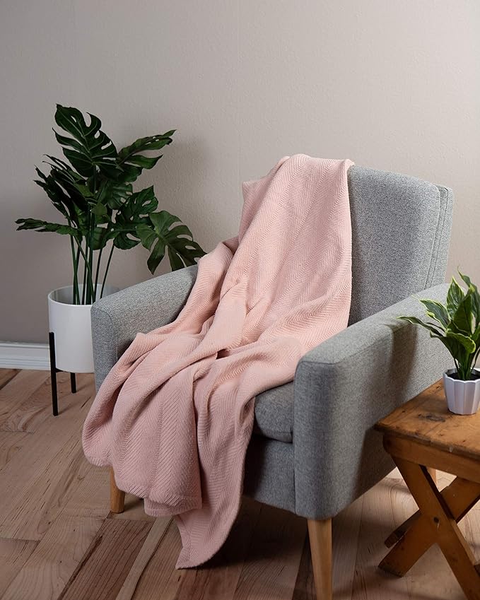 Sticky Toffee Cotton Throw Blanket 60x50 in – Woven Lightweight Blush Pink Blanket for Couch or Bed, Soft Herringbone Weave, Boho Farmhouse Style
