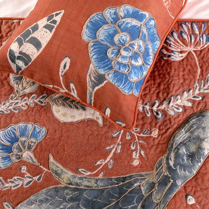 The HomeCentric Orange Bed Runner, CA King Size 86"x18" Decorative Bed Runner with 2 Matching Pillow Cover, Rust or Orange Linen Bed Scarf in Quilted Peacock, Linen & Jute Embroidery - Peacock Soiree