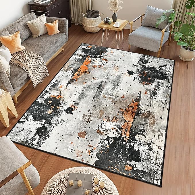 9CH Abstract Distressed Design Area Rug 7' X 5' Grey & Orange Boho Chic Faux Wool Rugs Soft Non-Slip Low Pile Floor Carpets for Bedroom Living Room Dining Room