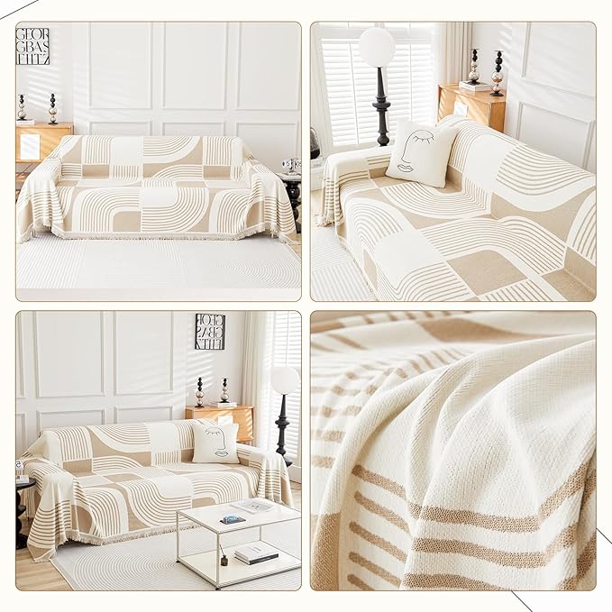 Boho Couch Cover Sofa Covers Washable, Chenille Couch Covers for 3 Cushion Couch Sofa Pet Friendly, Bohemian Sofa Slipcovers for Sectional Sofa, Loveseat, 2 3 4 Seater (71" x 118", Khaki)