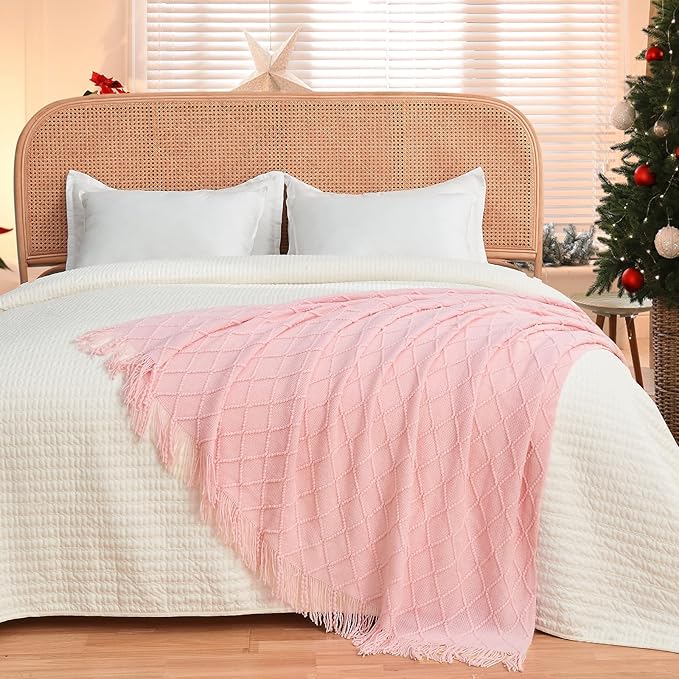 inhand ChristmasThrow Blankets for Couch, Gifts for Women Cozy Home Decor Knit Blanket, Pink Lightweight Decorative Blankets and Throws, Farmhouse Warm Woven Blanket for Men and Women, 60"x80"