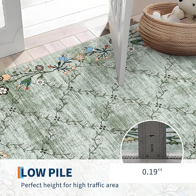 GarveeHome 8x10 Washable Floral Area Rugs for Living Room: Modern Floral Non Slip Large Area Rugs for Bedroom, Large Machine Washable Living Room Low Pile Carpet with Non-Slip Backing Green 8'x10'.