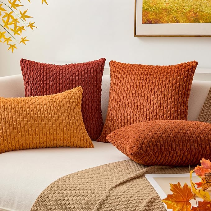 Kevin Textile Fall 12x20 Inch Pillow Cover 1 Pack Boho Decorative Soft Striped Corduroy Lumbar Farmhouse Solid Color Accent Rectangle Cushion Case for Living Room Couch Sofa Bed, Burnt Brick