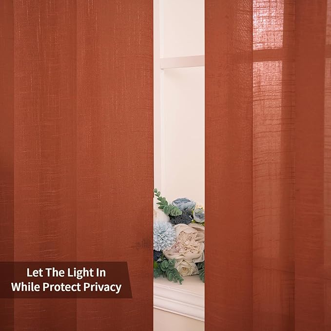 MIULEE Burnt Orange 2 Panels 84 Inch Long Farmhouse Linen Sheer Window Curtains Elegant Terracotta Rust Fall Autumn Drapes Grommet Top Linen Textured Voile for Bedroom Living Room (52 X 84 Inch)