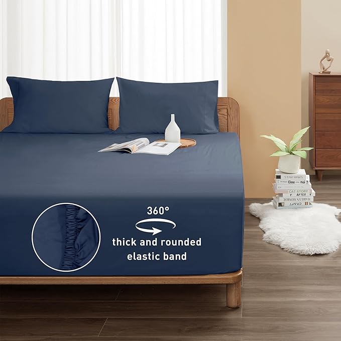 Sunflower King Fitted Sheet, 1-Piece Deep Pocket Fitted Bottom Sheet 16", 100% Cotton Sateen Soft Breathable, Blue Indigo