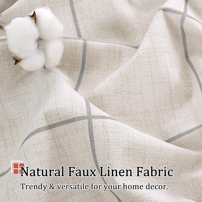Grey Plaid Patterned Curtains Thermal Insulated - 96 Inches Extra Long Total Linen Blackout Curtains for Living Room, Boho Drapery for Farmhouse Bedroom 52x96 Inch 2 Panels