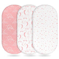 Baby Bassinet Sheets Girl Boy, Fitted Bassinet Sheet Set 3 Pack Bassinet Mattress Sheets Universal Fit for Rectangle, Round, Oval, Hourglass Mattress, Soft Breathable Pink White Moon