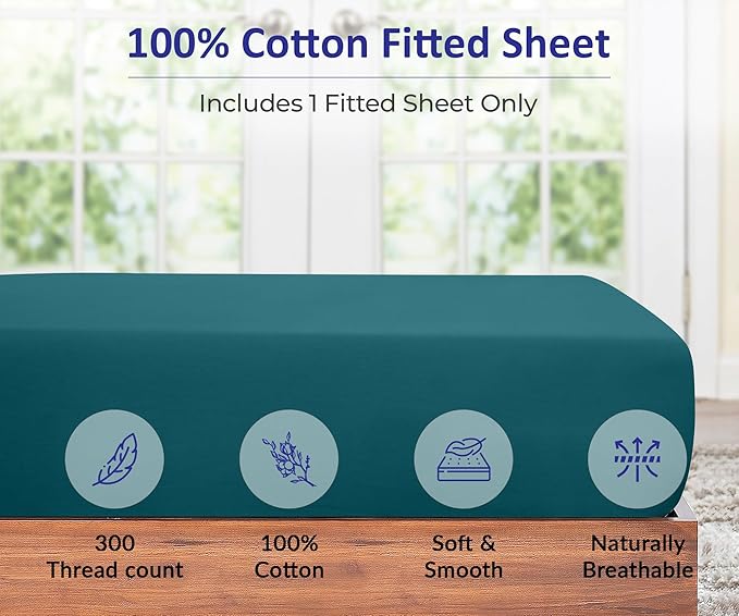 ROYALE LINENS 300 Thread Count 100% Long Staple Combed Cotton Fitted Sheet Twin - Super Soft Deep Pocket Bottom Sheet - Fitted Sheets Only - Elastic Sheets (Twin, Teal)