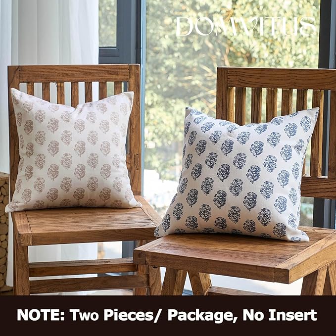 DOMVITUS Set of 2 Floral Pillow Covers 18x18, Block Print Pillow Covers Vintage Neutral Decorative Farmhouse Throw Pillow Covers for Couch Bed Living Room Light Camel