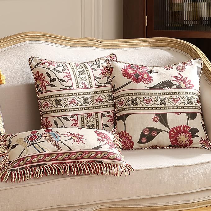 patdrea Designer Throw Pillow Covers 12"x20",Vintage Red Flying Bird Pattern Linen Pillowcases with Tassel Edges Pillows Cover for Couch,Decorative Lumbar Cushion for Bed Outdoor Car,Set of 2