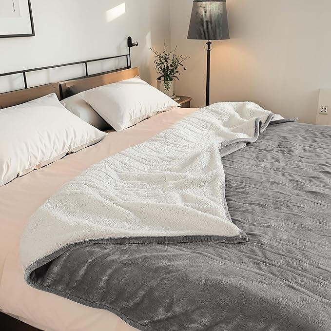 Electric Heated Blanket 72"x84" Full Size - Dual-Sided with Microplush & Sherpa Fabric, 4 Heat Settings & 10 Hours Auto Off, Machine Washable - Light Gray