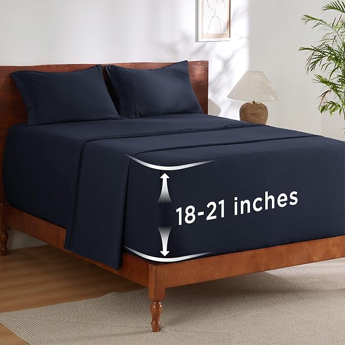 Bedsure Deep Pocket Queen Sheets Set - Fits Mattresses Up to 21 Inches Thick - 4 Piece GentleSoft Bed Sheets, Moisture Wicking, Soft & Cooling Bedsheet & Pillowcases, Easy & Secure Fit, Navy