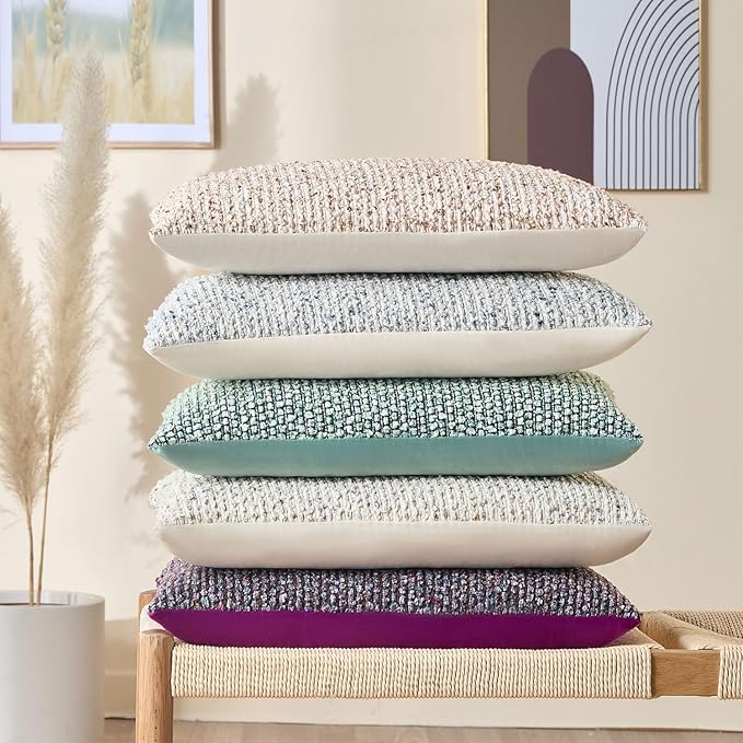 Decorative Lumbar Pillow Cover 12x20 Blue Striped Soft Wool Lumbar Throw Pillow Neutral Textured Boho Cushion Covers for Modern Farmhouse Sofa Bedroom Living Room Decor SY011-C12