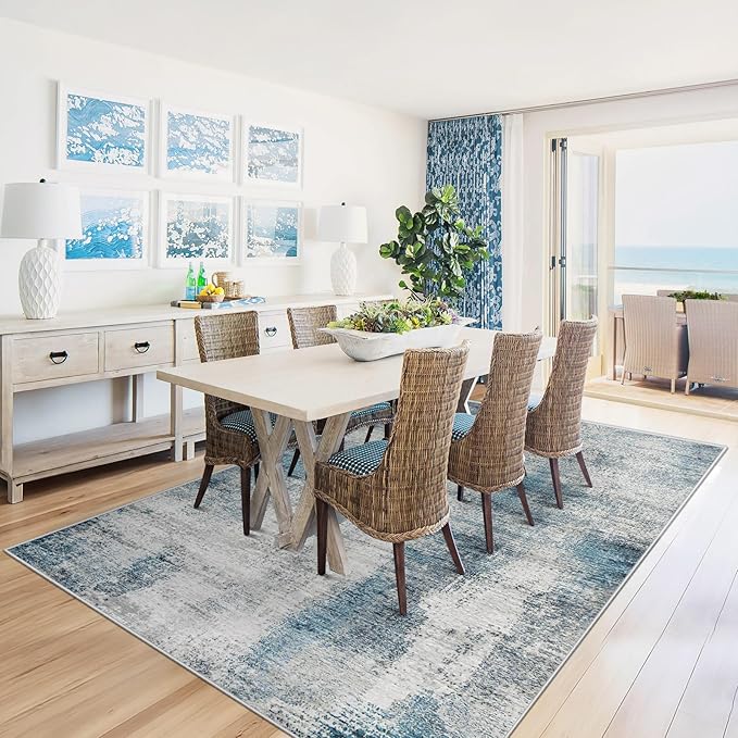 6x9 Area Rugs for Living Room: Washable Rug Modern Abstract Neutral Soft Rugs Non-Slip Low-Pile Indoor Floor Carpet for Bedroom Dining Room Kitchen (Blue, 6'x9')