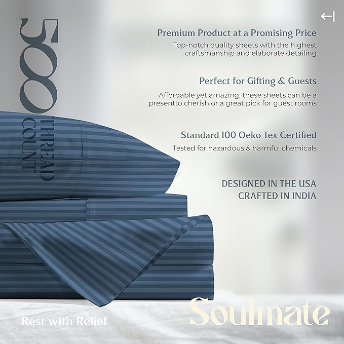 Mayfair Linen 100% Cotton Striped Sheets King Size Bed Set - 500 Thread Count Damask Sheets King Size 4 PC Set (Light Blue Stripe), Soft, Cooling, Sateen Weave Hotel-Quality 16" Deep Pocket Bedsheet